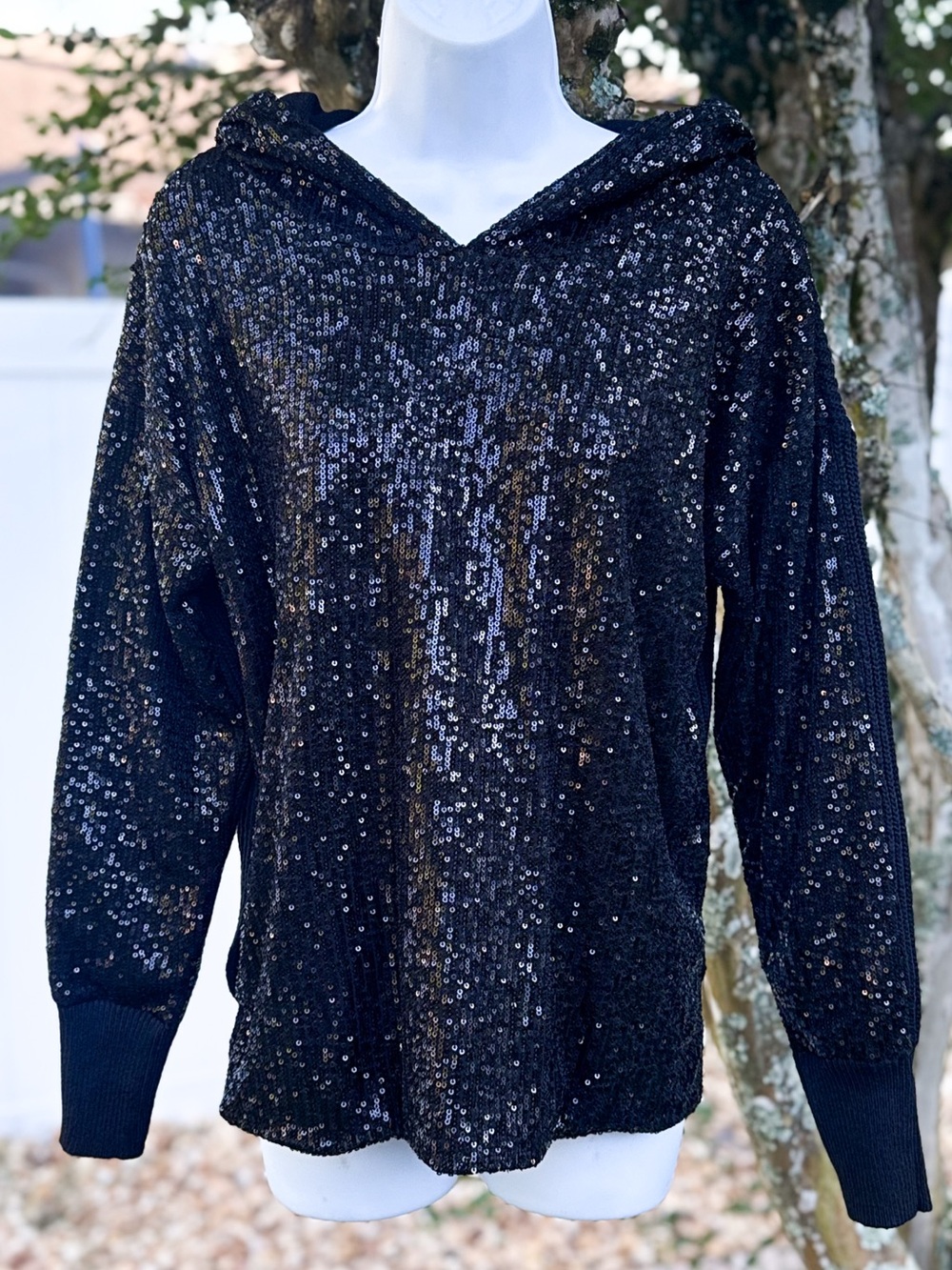 INC International Concepts Black Sequin Hooded Sweater Large Glam Knit Top
